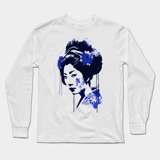 Blue geisha modern art style Long Sleeve T-Shirt